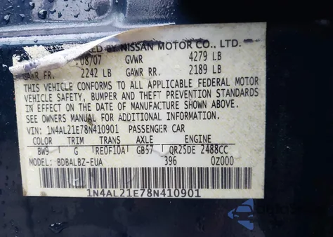2008 Nissan Altima 2.5 S from USA, damaged, VIN 1N4AL21E78N410901